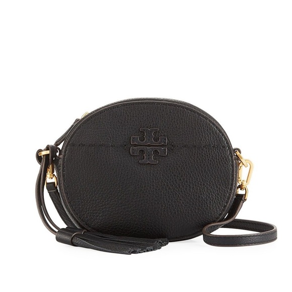 Tory Burch Round McGraw 2 Tassels Black Pebble Leather LogoCrossbody - Picture 1 of 2